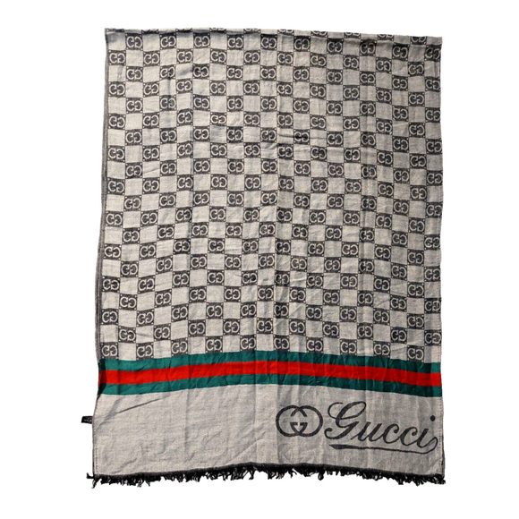 Gucci Black Gray GG Logo Print Red & Green Stripe Cashmere Silk Scarf Pre-owned - Picture 6 of 16